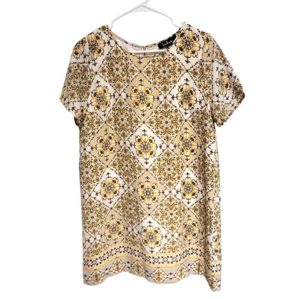 Lulus Large Dandy Lion Yellow Dress Print Shift Mini Aztec Geometric Casual NWOT